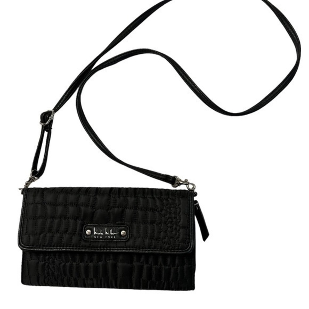 NICOLE MILLER small BLACK QUILTED FABRIC CROSSBODY BAG w/ card slots & pockets
